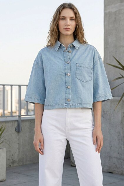 MM6 Cropped Denim Shirt　38 Lupinn Women's Light Blue Cropped Denim Shirt Oversized Loose Cut