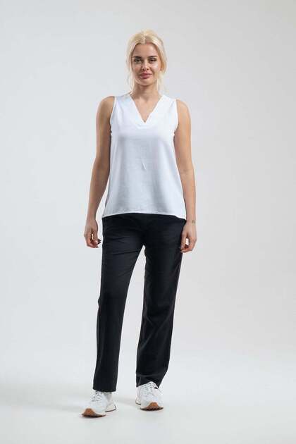 Women's White V-Neck Pleated Detailed Sleeveless Cotton T-Shirt