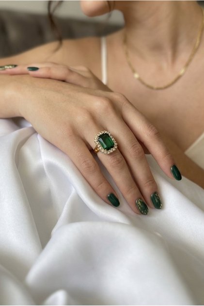 Yeşil Taşlı Yüzük Gold Kaplama Yüzük Kına Yüzük Abiye Yüzük Baget Yüzük 2,5 cm
