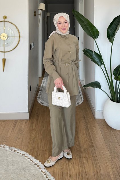 Savt Cupra Fabric Pencil Belted Hijab Set - Khaki