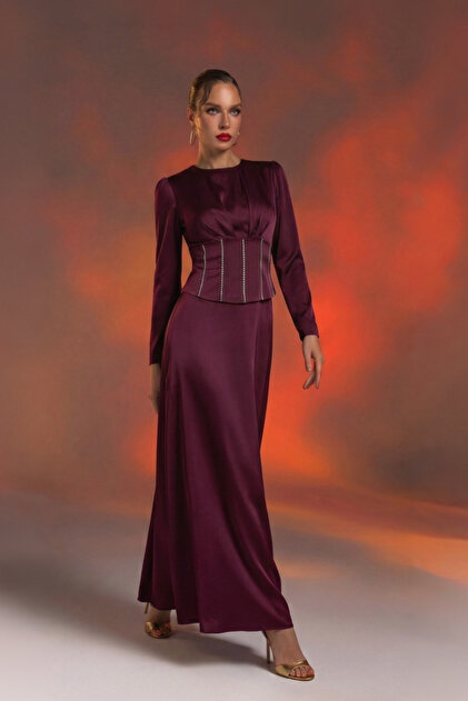 burgundy corset dress with sleeves MissJophiel Corset Long Sleeves O Neck Sequin Burgundy Dress with Slit Other / Tea Length / US12
