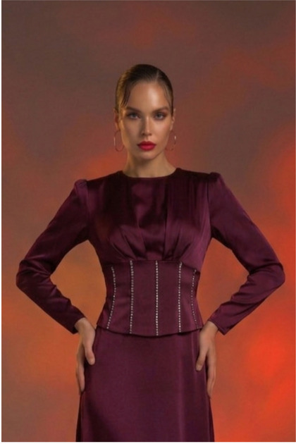 ALFUDO Moda Collection Women's Burgundy Satin Corset Detailed Stone  Embellished Long Sleeve Evening Dress & Graduation Dress- Trendyol