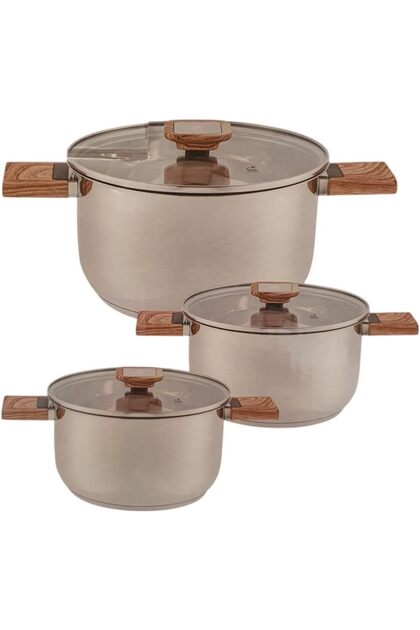 Stainless Steel Cooking Pot Set 3 Piece with Glass Lids and Wooden Handle