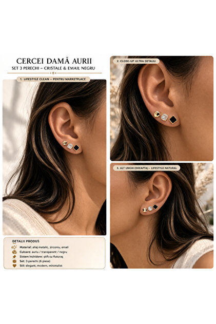 Cercei dama aurii set 3 perechi, cristale zirconiu email negru, eleganti moderni, fashion premium