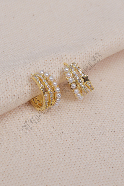 3 Rows Gold Mini Hoop Earrings with Pearls and Stars