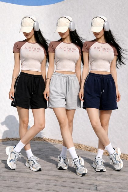 Women's Premium Black+Grey+Navy Blue 3-Pack Pile Trim High Waist Relaxed Summer Casual Sports Shorts