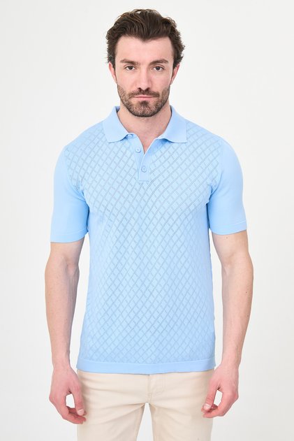 Patterned Slim Fit Polo Collar Men's Knitwear T-Shirt Blue - 11586.26Y
