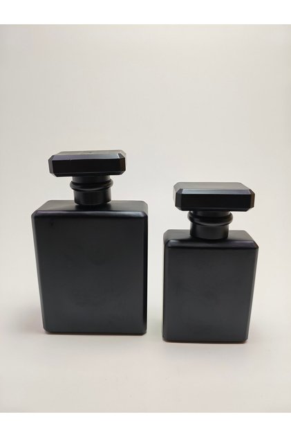 2 Parça Mat Siyah Parfüm Şişesi Seti - Dekoratif Doldurulabilir Cam Şişe - 100ml & 50mL