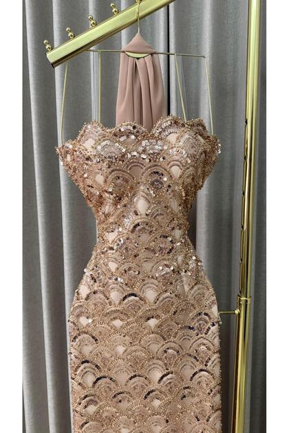 SHAMS Recommended Dress Name: Rose Gold Evening Dress with Shell Pattern  Embroidery- Trendyol