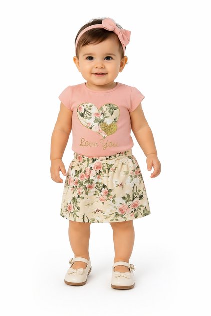 Girl's Love You Text Patterned T-Shirt and Skirt Powder Color Two-Piece Set