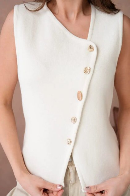 12049 Women's Asymmetrical Collar Gold Button Detail Premium Yarn Knitwear Vest