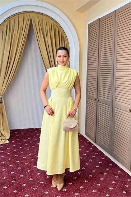 Dipmoda Women's Yellow Draped High-Necked Fitted Waist Midi Length Stylish  Dress Dpmy3919- Trendyol