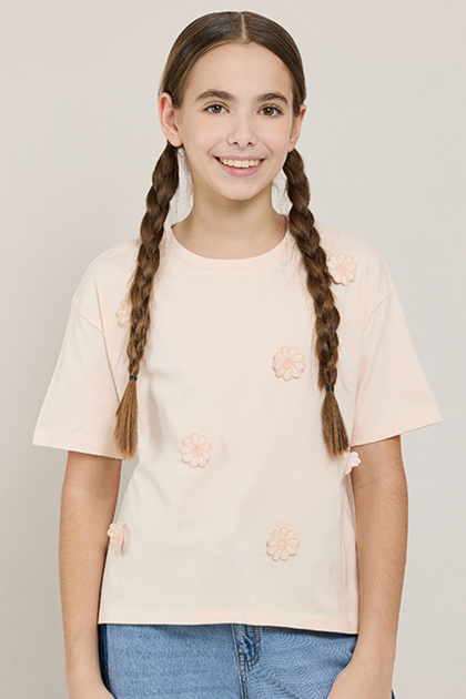 Appliqued T-Shirt with Crew Neck and Short Sleeves