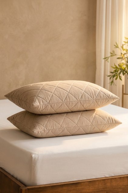 Pillow Cover Set Cotton 2-Piece Quilted Pillow Protector Beige