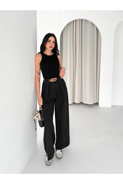 Trendy Pile Belt Detailed Wide Leg High Waist Trousers