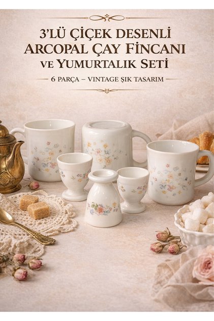 3’LÜ ÇİÇEK DESENLİ ÇAY FİNCANI VE YUMURTALIK SETİ – VİNTAGE ŞIK TASARIM