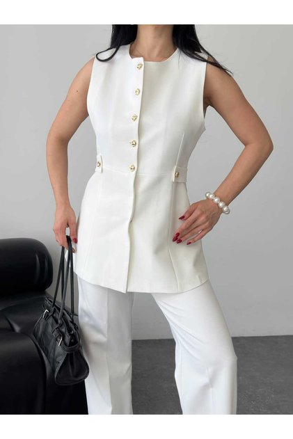 Gold Button Detail Sleeveless Long Vest and High Waist Pants Set