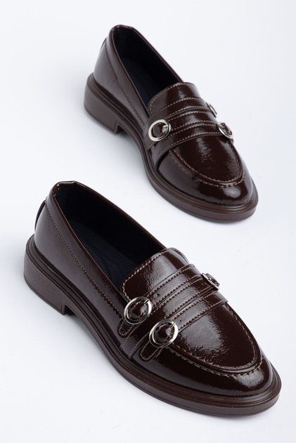 Women's Bitter Brown Patent Leather 3-Buckle Loafer Shoes