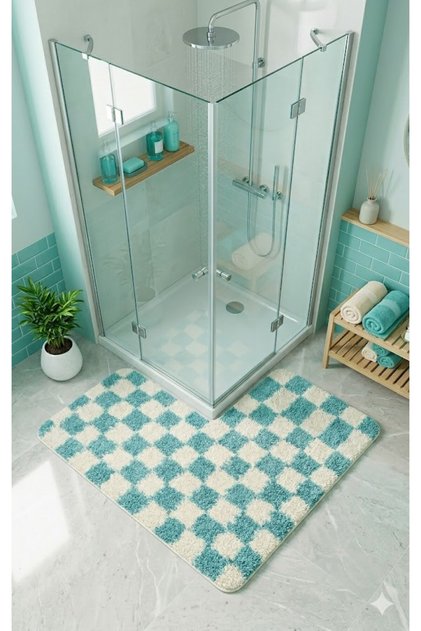 Chess Dama Pattern Shower Cabin 80X80 cm Corner Bath Mat Latex Non-Slip Base Machine Washable