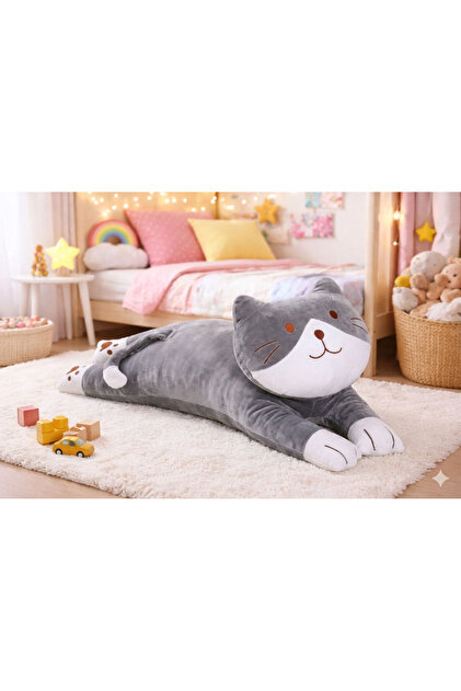 Uyku Arkadaşım Yumuşak Yatan Peluş Kedi Yastık (GRİ)