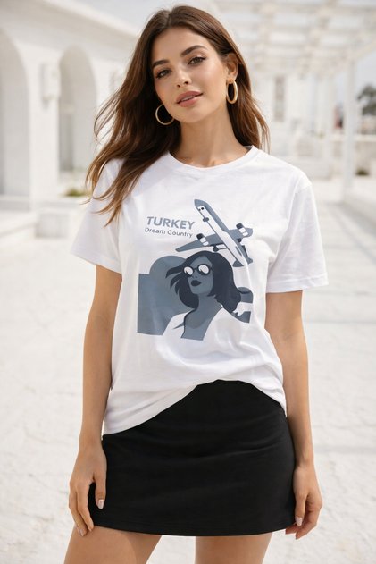 Women's White 100% Cotton Printed Crew Neck Short Sleeve T-Shirt