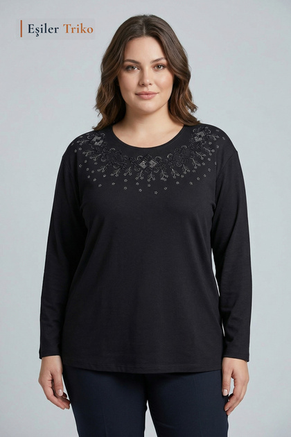 Women's Black Plus Size Daisy Garden Pattern Collar Embroidered, Stoned Mother Combed Cotton Blouse, Oversized Size