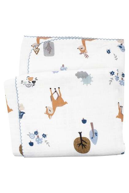 Baby Boy Ecru Blue Piping Deer Gazelle Patterned Pique Muslin Blanket 100X100Cm