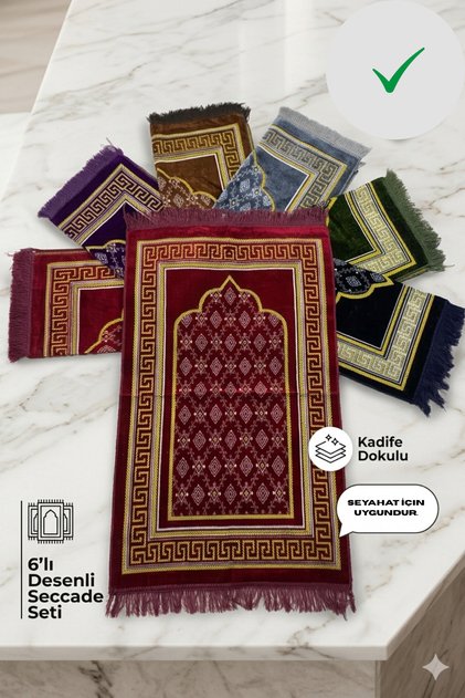 Luxurious Velvet Textured 6-Piece Prayer Rug Set - Patterned Gift Prayer Mat Set - Multi-Colored