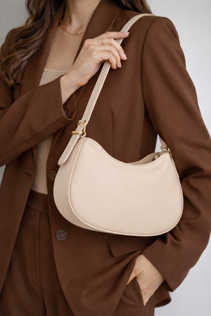 Women's Beige Baguette Handbag and Shoulder Bag with Adjustable Strap