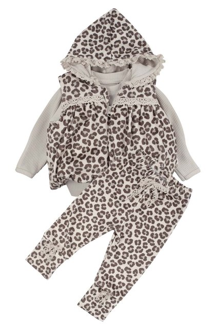 Baby Girl Beige Brown Leopard Patterned Embroidered Inflatable Vest Luxury 3-Piece Set