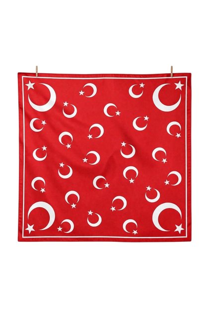 Red Satin Scarf with Moon and Star Pattern 50X50 cm – Silky Soft Stylish Square Scarf