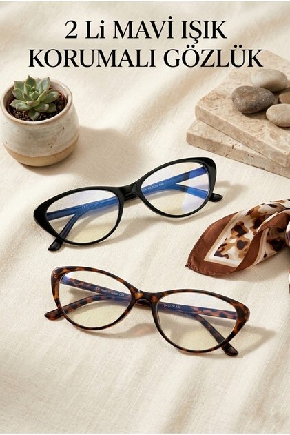 Mavi Işık Korumalı 2'Lİ SET Gözlük Cat Eye Optik Uyumlu (Şeffaf Camı Değişebilir) 48 Ekartman