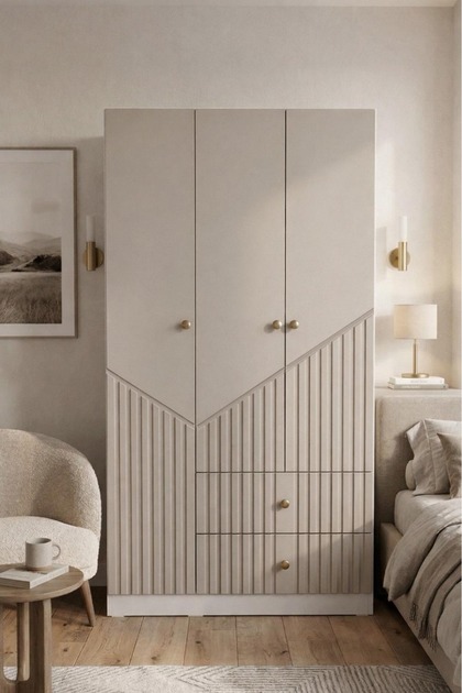 LEYLA 3 KAPAKLI 2 ÇEKMECELİ MODERN TASARIM MDF MEMBRAN KAPAK LAMBİRİ BEJ GARDIROP