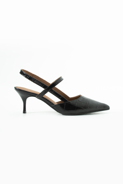 Vexa Women's Elastic Genuine Leather Heeled Shoes Black Crocodile