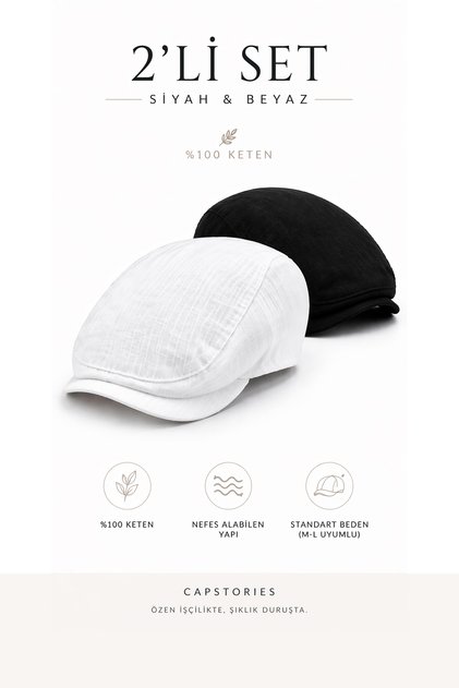 Men's Cap Hat Set of 2 Black & White 100% Linen Summer Standard Size (Fits M-L)