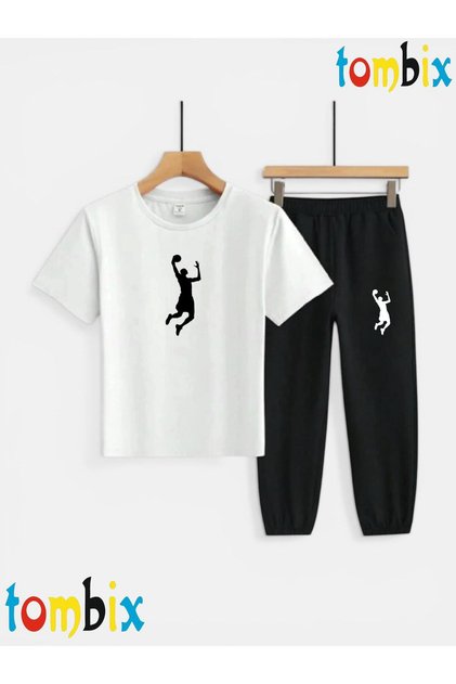 New Simaç Printed T-Shirt and Sweatpants (Sweatpants with Pockets) Children's Top and Bottom Set