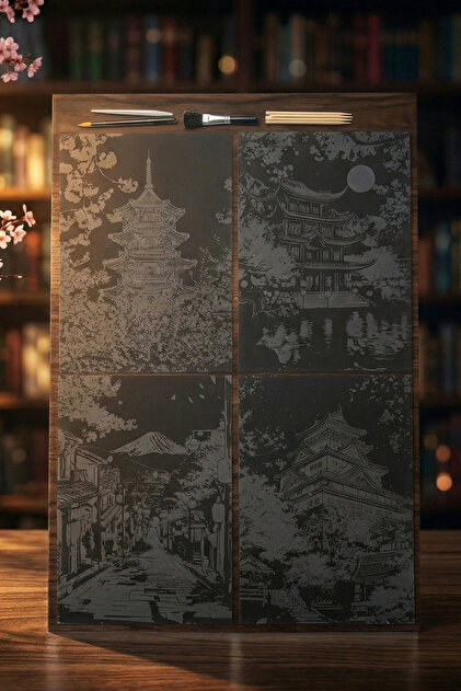 Kazart Sakura Geceleri 4'lü Set Kazıma Sanatı Scratch Art A3 6