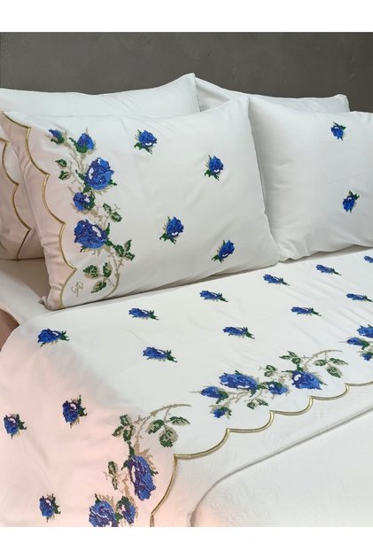 Kaneviçe Blue Rose Pattern Embroidered Double Pique Set
