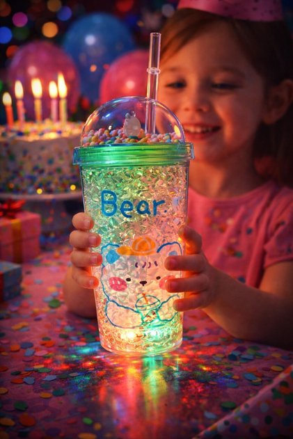 450 ml Drinking Cup with Straw Cute Bear Led Lighted Colorful Beaded Water Bottle for Children Green 2093