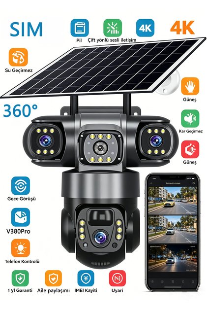7/24 Güvenlik 4K 4G Güneş PTZ Kamera | 360°, V380Pro, Su/Kar Dayanıklı, Telefondan Kontrol