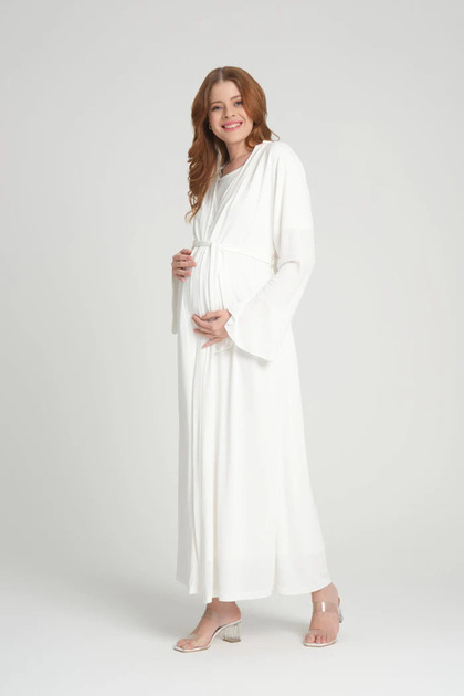 Women's Ecru Maternity Pajama Nightgown Set - Cotton Double-Breasted Nursing Set