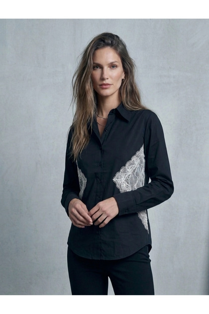 Women's Black Shirt with White Lace Detail Yy101409