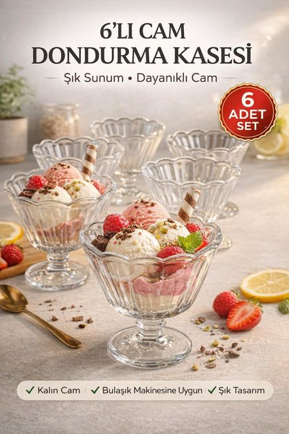 6'lı Cam Dondurma Kasesi Ayaklı Tatlı Kasesi Şık Sunum Kupa Bardak Seti Dayanıklı Cam