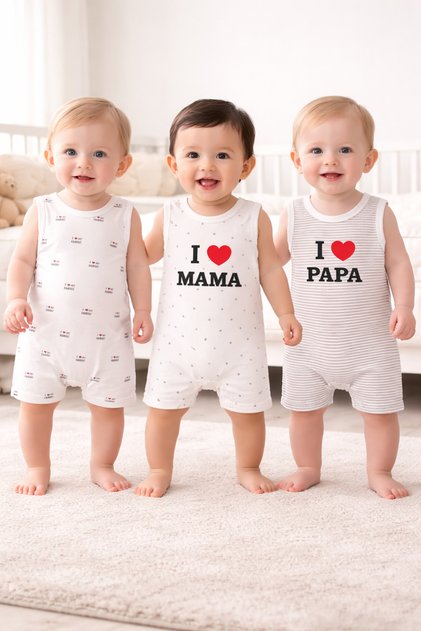 . I ❤️ Mama & Papa Family Printed 100% Cotton 3-Piece Summer Cotton Baby Romper Set