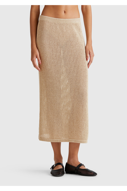 Women's beige Cotton Blend all Patterned elastic waist long skirt