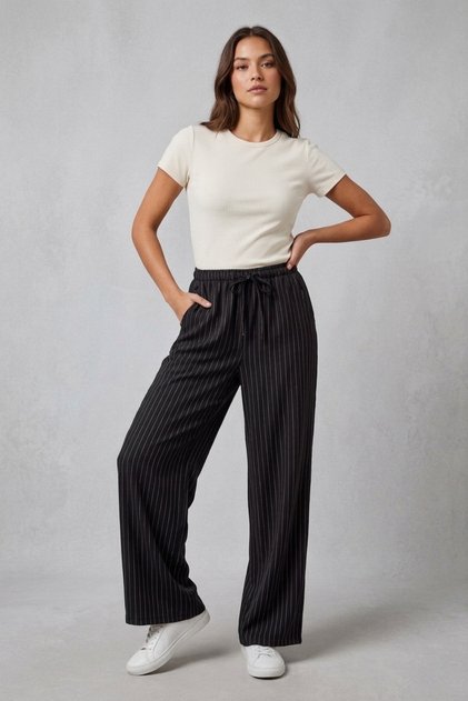 Women's Trousers Elastic Waist Striped High Waist Wide Leg Pants