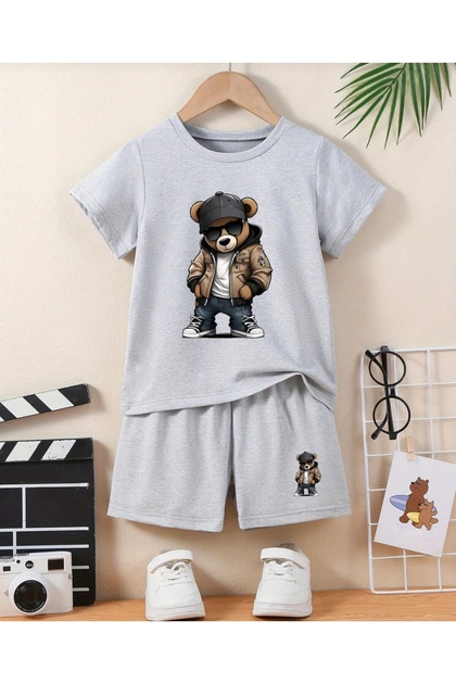 Summer Printed Boy's Gray Shorts Suit