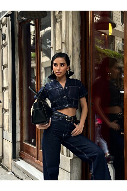 Ağgez Kadın Koyu Lacivert Kısa Kollu Crop Denim Takım - Fiyatı