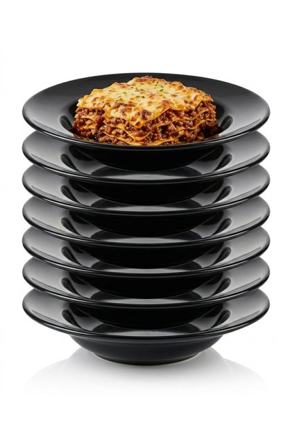 Termogold Set of 6 Black Melamine Deep Pasta Spaghetti Plates - 25cm Chef Plate Break Resistant