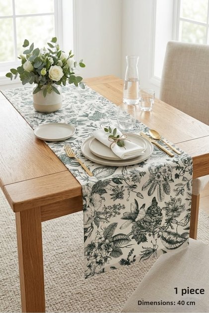 Green Floral Premium Fabric Table Runner - Stain Resistant Quality Linen Look Kitchen Runner